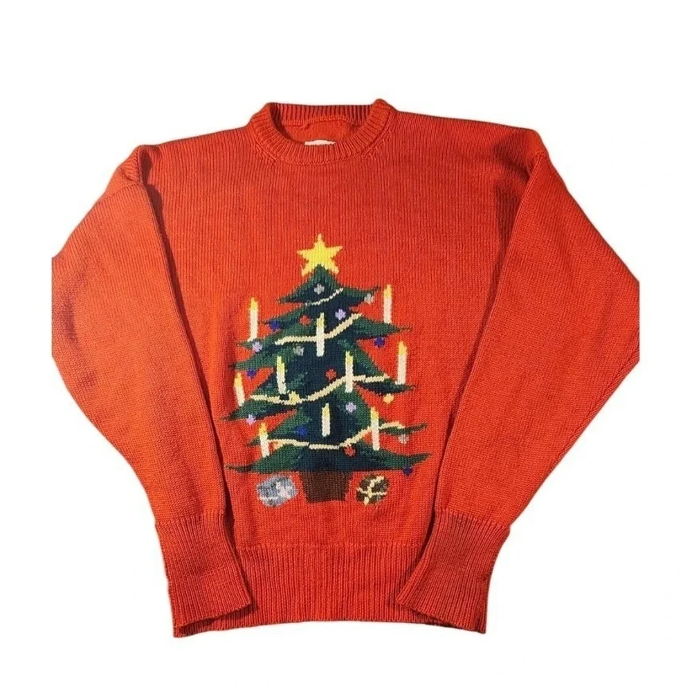 Vintage Christmas Tree Sweater IntarsiMens Large Merino Wool Holiday Pullover UK